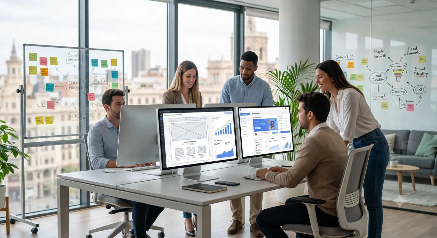 Equipo de Alce Global Trade analizando en pantalla los resultados y el crecimiento de una web