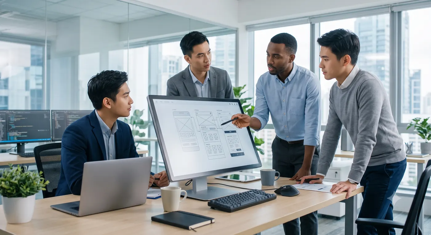Equipo de Alce Global Trade revisando el diseño de una web con el cliente antes de publicarla