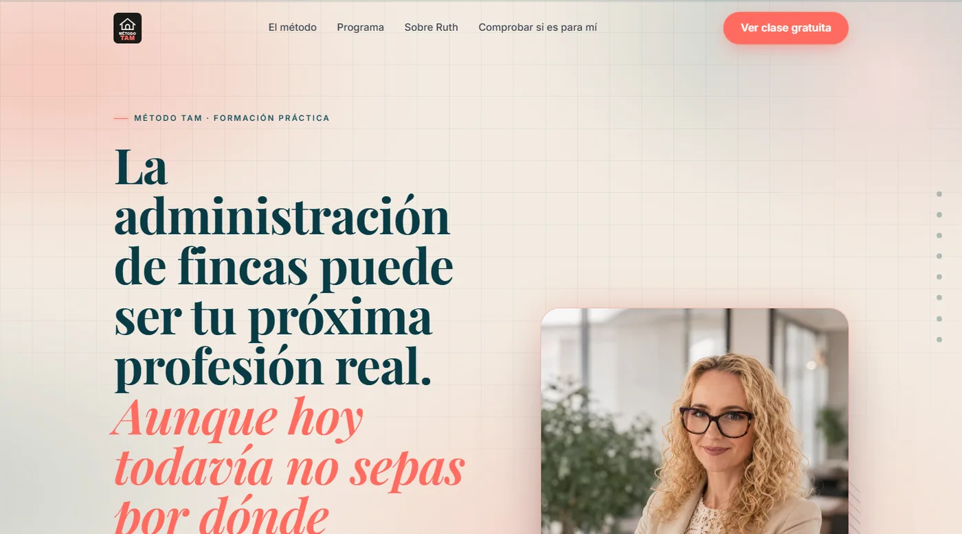 Portada de la web del proyecto Método TAM, con el titular principal y la fotografía de la formadora