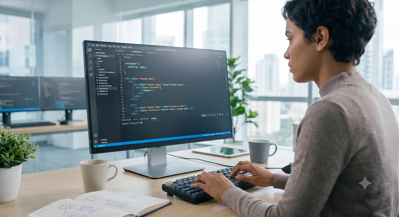 Desarrolladora de Alce Global Trade programando el código de una página web a medida